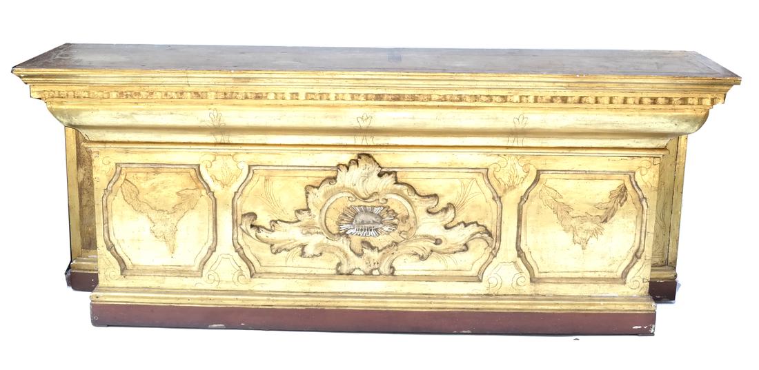 Carved and Gilt Wood Rococo-Style Altar: Christian altar featuring a bold cartouche at bottom center occupied by the Lamb of Christ with rays emanating from behind. Dimensions: 99" W x 22.25" D x 41&qu