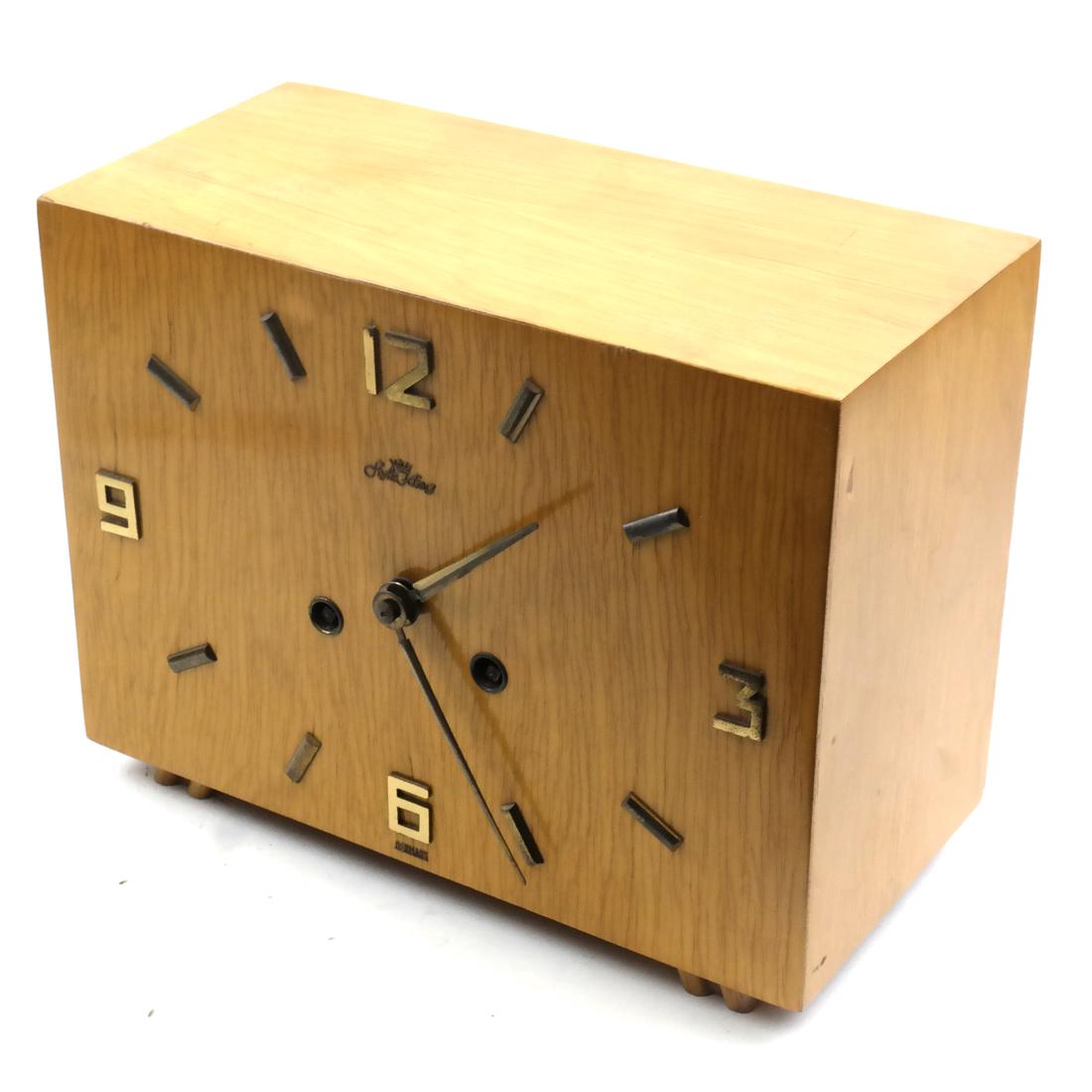 Modern Golden Oak Clock by Style King, Germany: Modern golden oak clock by Style King, Germany. Dimensions: 10.25" W x 5" D x 8"H; 