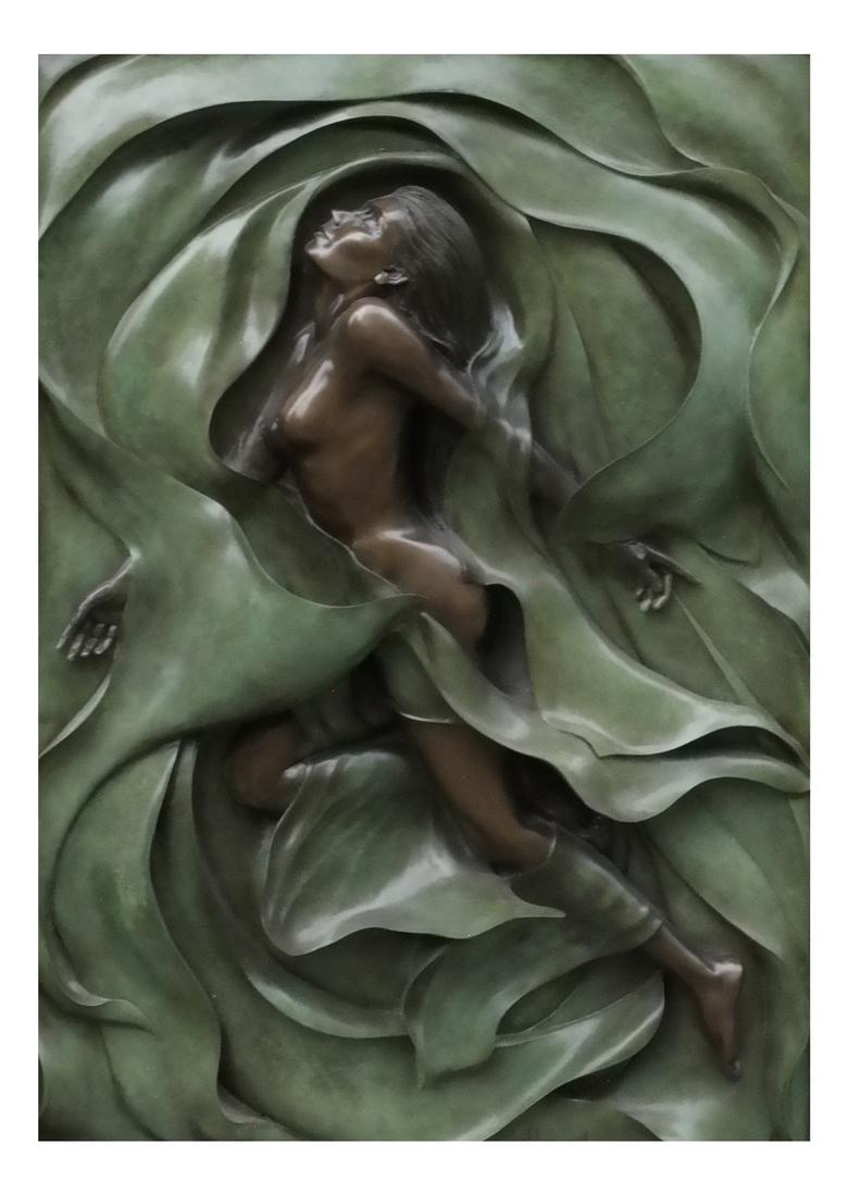 Bill Mack, Female Nude Relief - Bonded Resin: High relief stylized depiction of a full-length female nude among leafy elements. Signed bottom right "Bill Mack 80/95". Bears faux bronze finish. Produced by Maresa Editions. In black laminate frame.