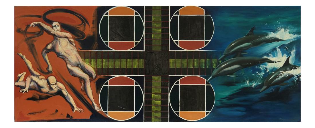 Mann, Figures and Dolphin - Oil on Canvas: Unframed work including figures, geometric designs and dolphin. Dimensions: 39.5" H x 96" W; 