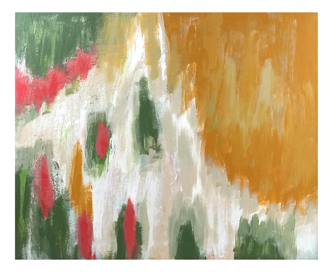 Abstract Expressionist Style Acrylic on Canvas: Color field composition inspired by Clyfford Still. Unsigned. Contained in a limed oak and linen frame. Dimensions: Sight: 19.75" H x 23.5" W; Frame: 