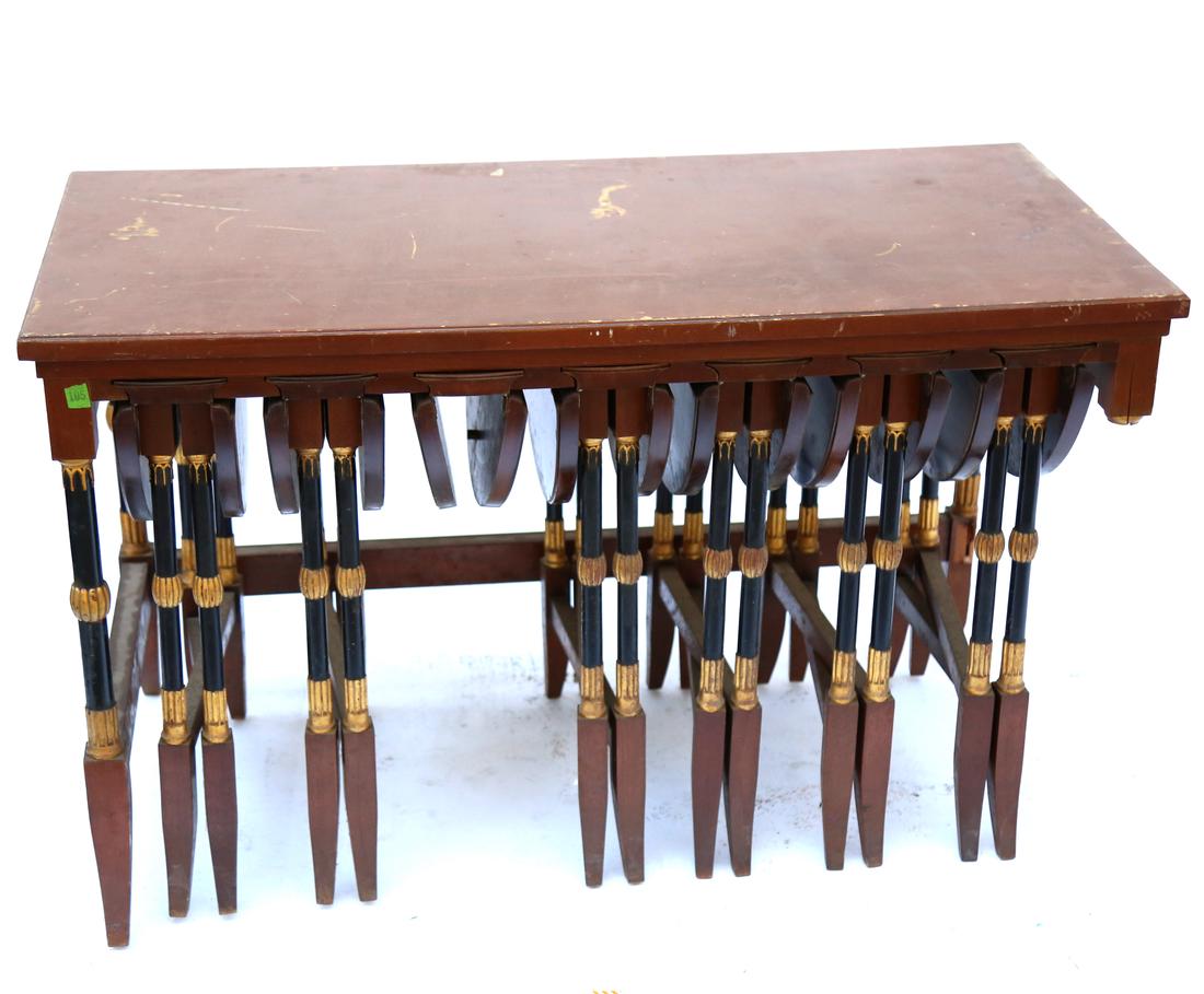 Nest of 7 Tables in a Frame: Nest of seven tables in a custom frame with individual slots. Dimensions: 41.75" W x 20.5" D x 25.5"H; Provenance: From the Fontainebleu Hotel, Miami