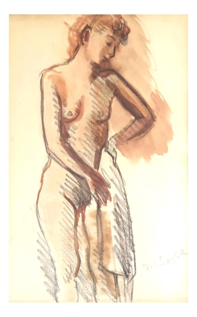 Moses Soyer, Female Nude - Drawing and Watercolor: Framed work, signed lower right. Dimensions: Art: 11.25" H x 7.25" W; Frame: 18" H x 14" W; 