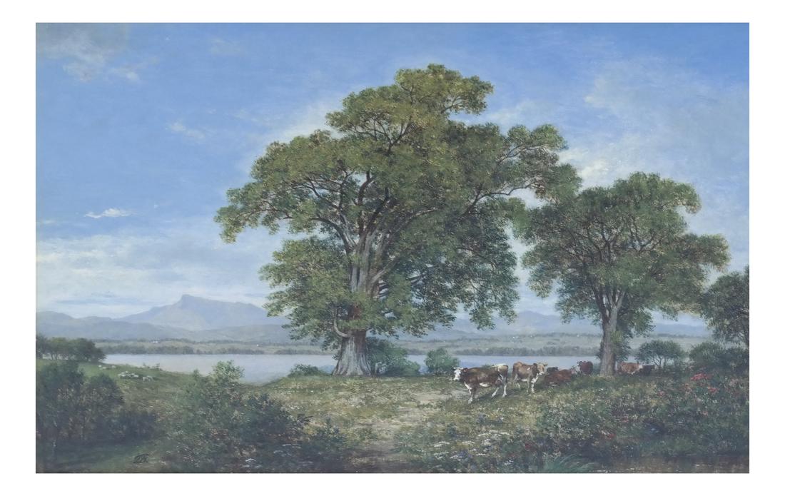 David Johnson 1827-1908 Mount Mansfield, Vermont.: Oil on canvas. River landscape with cattle and mountain range background. Bears artist's monogram at bottom left. Signed verso "David Johnson". Back board bears printed gallery labels from Quest Royal