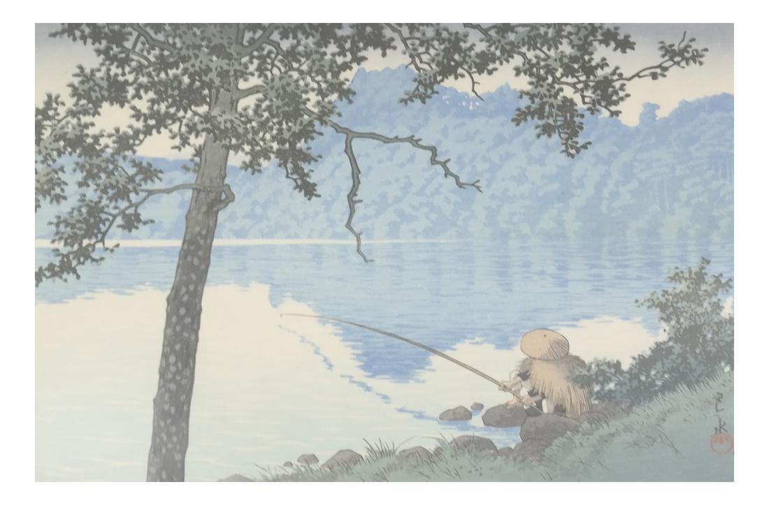 Hasui Kawase, Matsubara Lake: Lake Matsubara color woodblock, circa 1947. Framed and matted under glass. Dimensions: Image: 9.5" H x 14" W; Frame: 17" H x 21&q