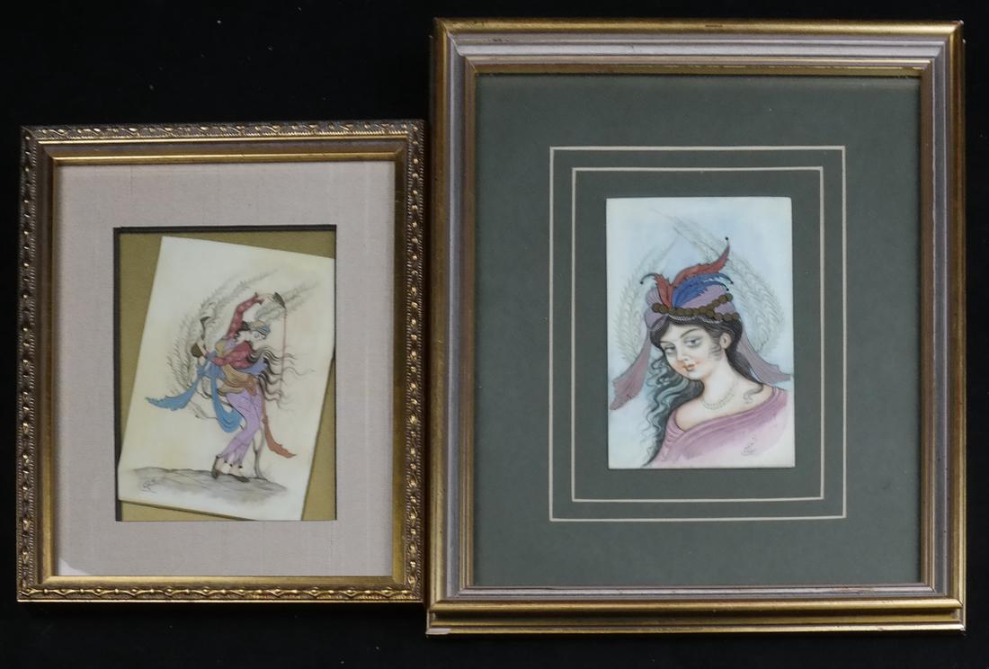 2 Signed Miniature Asian Watercolors: Dancer, Portrait (1 of 8)