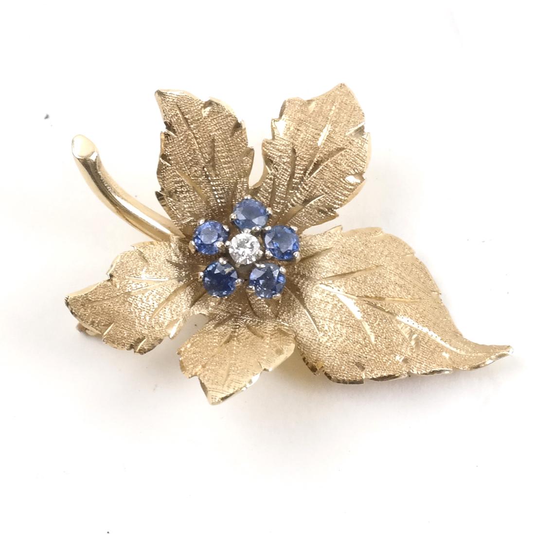 Diamond and Sapphire 14k Yellow Gold Leaf Pin (1 of 5)