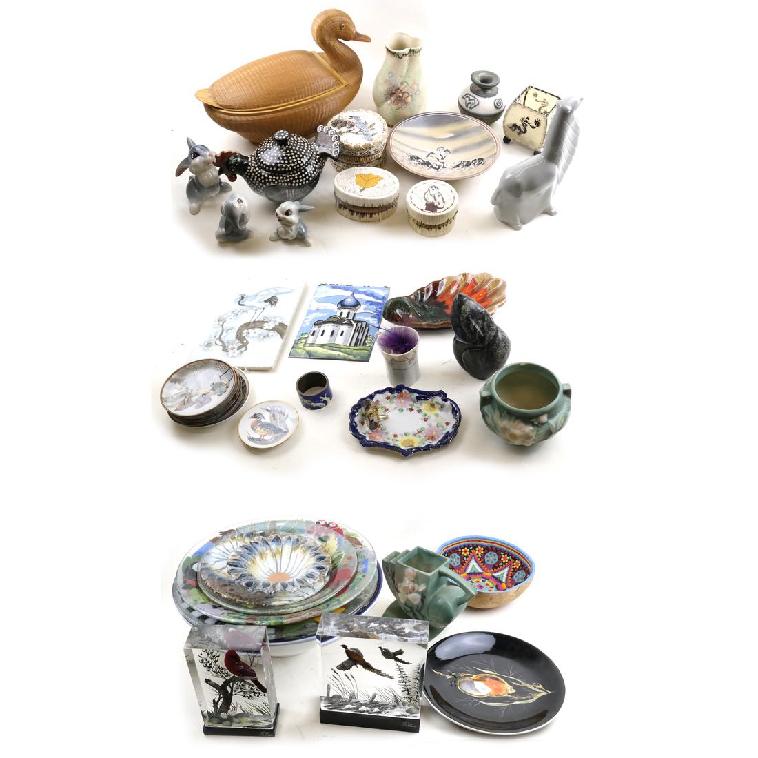 40 Decorative Objects: Includes glass and ceramic bowls, Hungarian teapot, Lenox camel, Vallauris dish, wicker duck basket, beaded bowl.