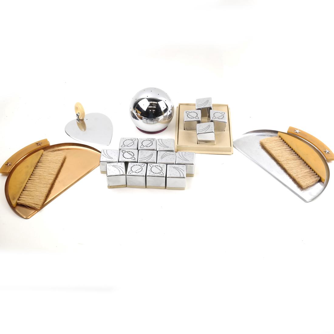 Group of Chase Metal Table Top Articles: Comprises two "tidy crumber" sets in copper and chrome, set 16 "Sky way" salt and and pepper shakers (designer Russel Wright) a "valentine server" and "cocktail ball." All manufactured by chase brass