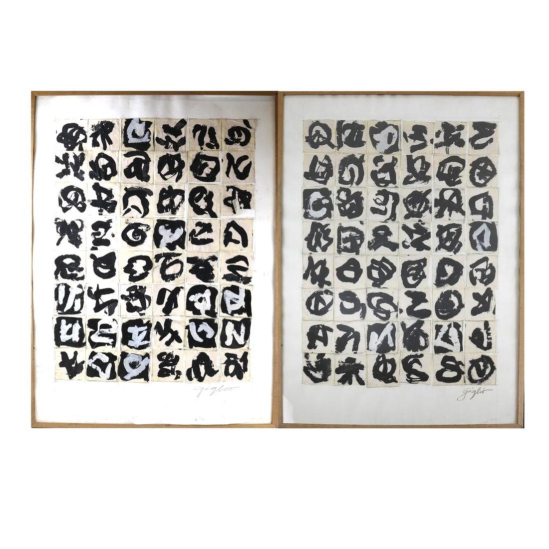 Richard Giglio, Two Symbol Set Mixed Media Collages: Two collages, each composed of 48 painted and glued-down square paper elements arranged on a grid. Both boldly signed at bottom right "Giglio." Both in wood frames, one with broken corner and no plexi
