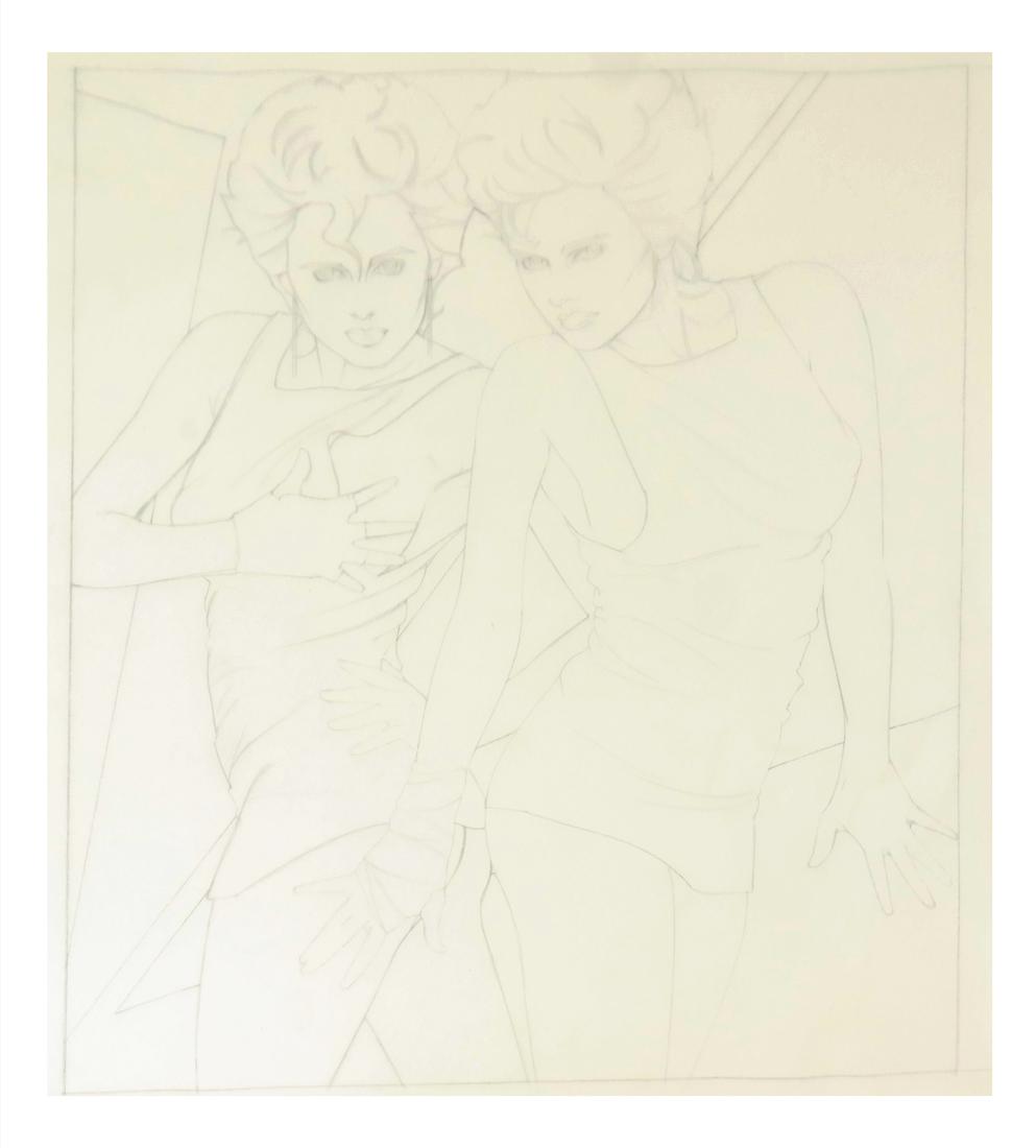 Patrick Nagel Two Girls: Pencil on paper depicting two women, unsigned. Dimensions: 11.75" H x 13.5" W; 20" H x 22.5" W; 