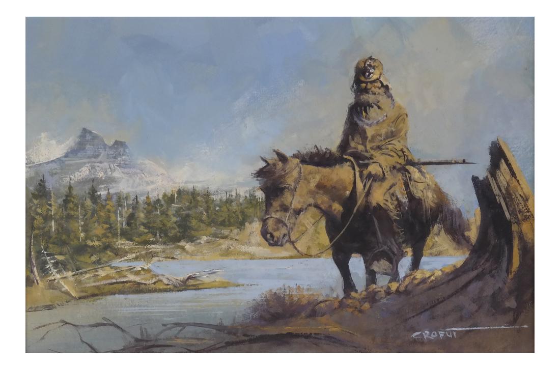 Crofut, Man on Horseback, Oil on Board: Mountain man in the wilderness. Framed and signed Crofut. Dimensions: 17" H x 13" W; Image - 11.5" H x 8" W; 