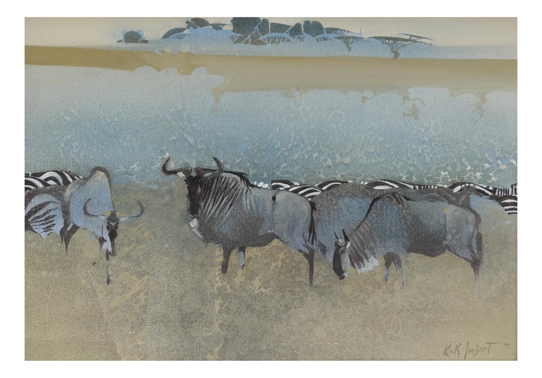 Keith Joubert, Wildebeast and Zebras: Depiction of wildebeast and zebras in the wild in the Africa. Dimensions: Art: 22" H x 30" W; Frame: 30" H x 38" W;&nbs