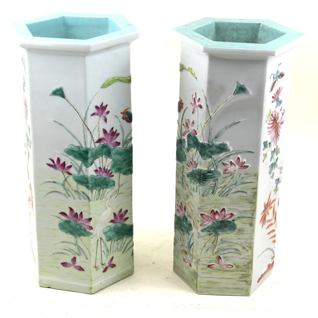 Pair of Chinese Famille Rose Vases: Porcelain hexagonal famille rose vases.
