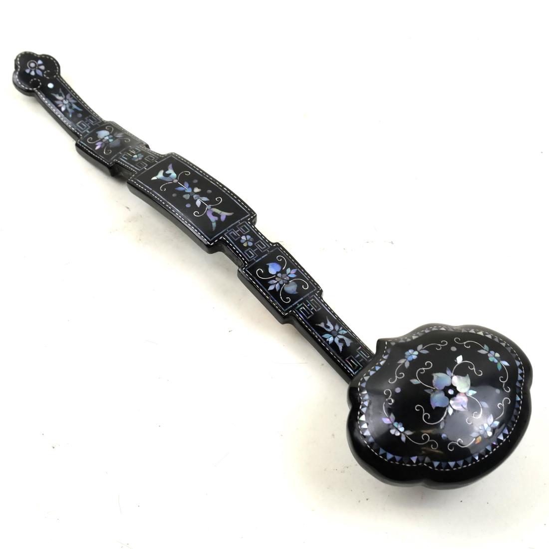 Chinese Lacquered Scepter: Flower design on lacquer. Dimensions: 11" L ; 