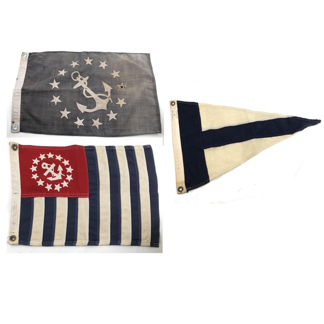 Three Nautical Flags: Finely sewn and finished on both sides, wool and linen. 1.) Red, white and blue with anchor motif, marked in blue ink United States power squadrons. 2.) White and greyish blue, with anchor +13 stars.