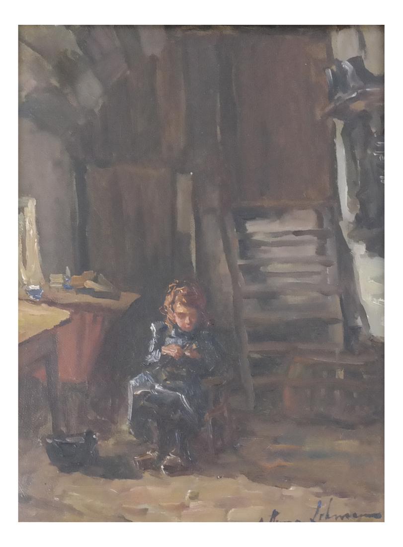 Anna Lehman, Genre Scene "Breistrtje" - Oil on Canvas: Interior scene with a seated young girl reading a letter. Signed at bottom right "Anna Lehman." Top stretcher bar on reverse bears a paper label with pen inscription. Dimensions: Art: 9.75&