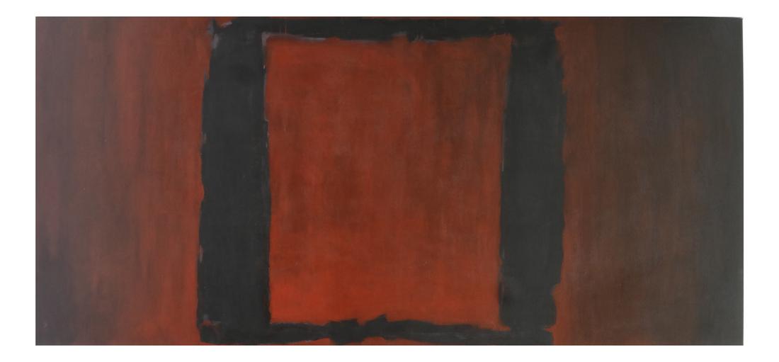 After Mark Rothko "Black on Maroon": Unframed oil on canvas copy of a Mark Rothko by an illegible Asian artist, signed verso. Dimensions: 35.5" H x 80" W; 