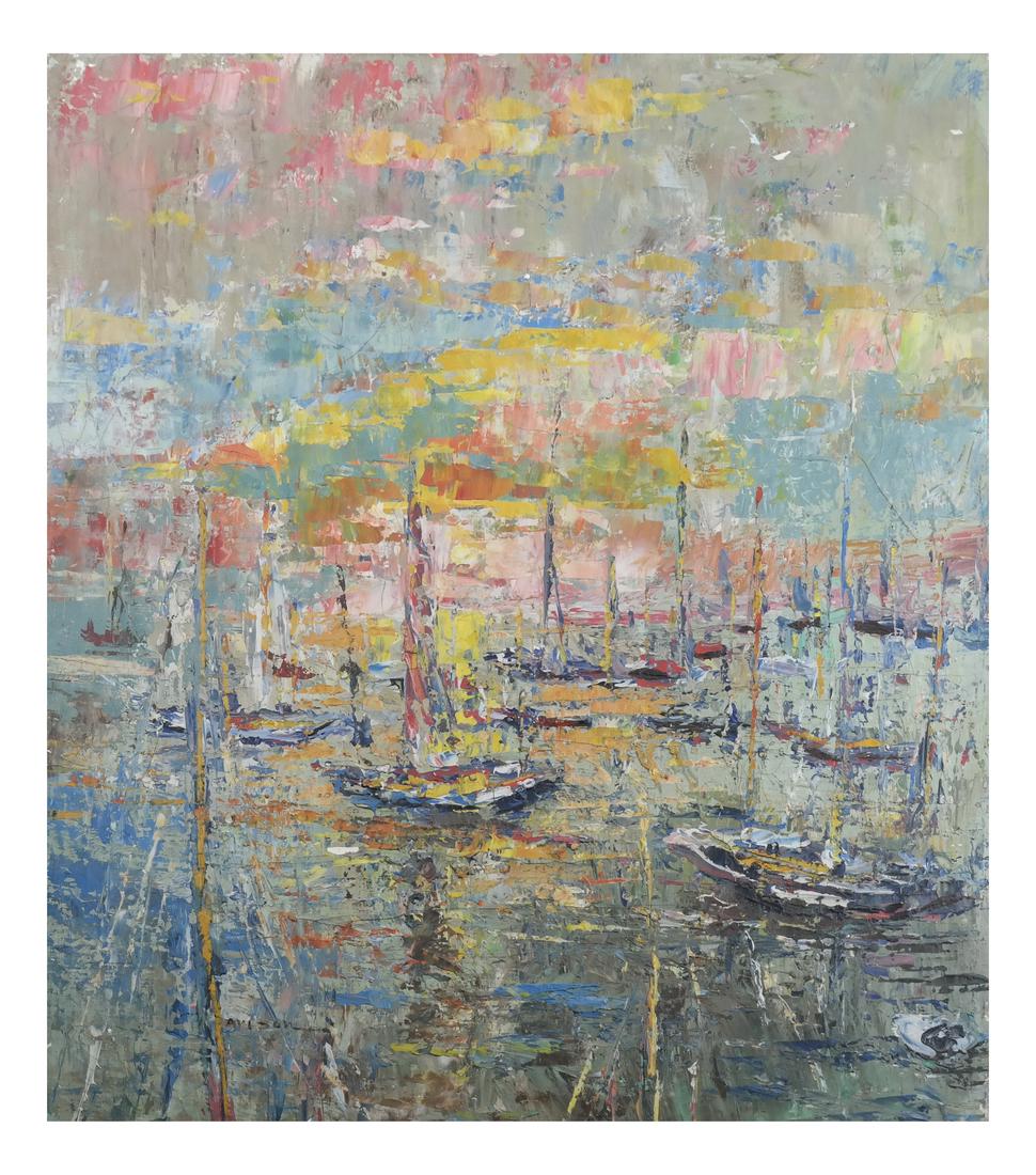 Impressionist Oil on Canvas; Watercolor: Impressionst-style oil on canvas depicting ships in a harbor. Together with Leon Ballen Exodus watercolor. Dimensions: Oil On Canvas - Art: 20" H x 16&qu