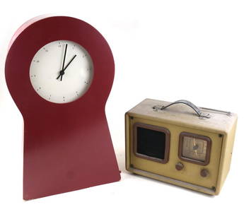 Crosley Radio & A Red Clock Cabinet: Comprises a Crosley radio, and a red hanging clock with interior shelves. Dimensions: Box - 11" W x 6.5" D x 18.5"H; Radio 