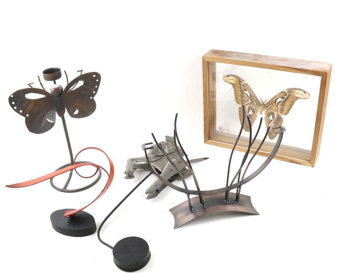 Group of Metal and Wood Decorations: Comprises a butterfly in a shadow box, a butterfly-form candle holder, and others.