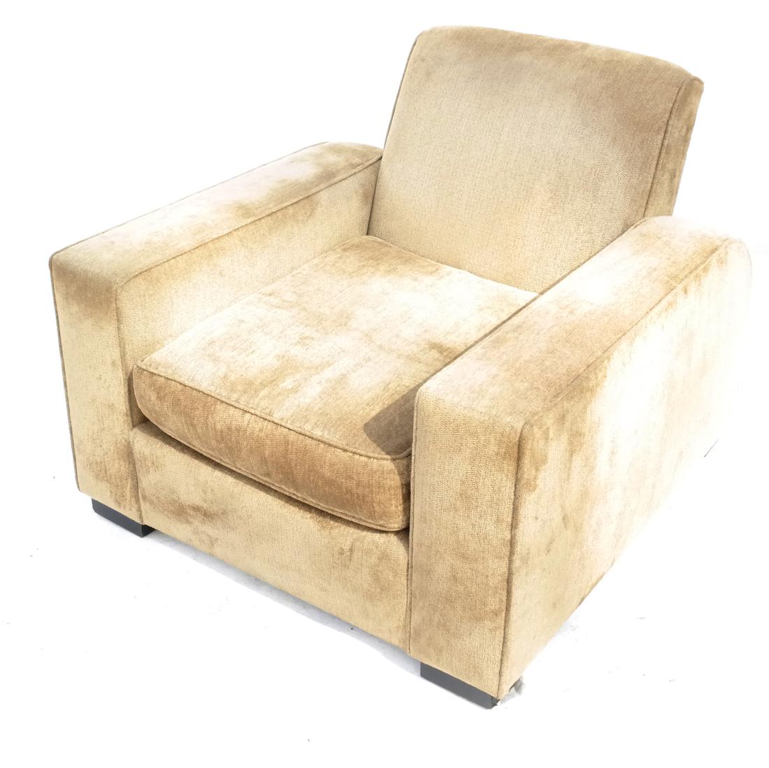 Manner of Paul Frankl, 1930s Club Chair: Club chair in tan velour, raised on wood feet, circa early 1930s. Dimensions: 35" W x 38" D x 29"H; 
