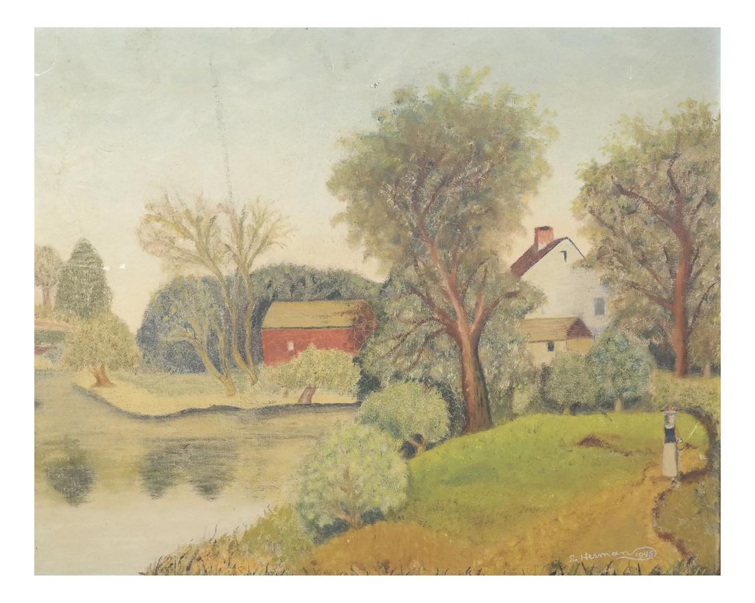 Sali Herman (Australia) Landscape, Oil on Artist Board: Framed work of a figure walking in a country landscape. Signed and dated lower right, S. Herman 1946. Dimensions: Art: 16" H x 20" W; Frame: 20"
