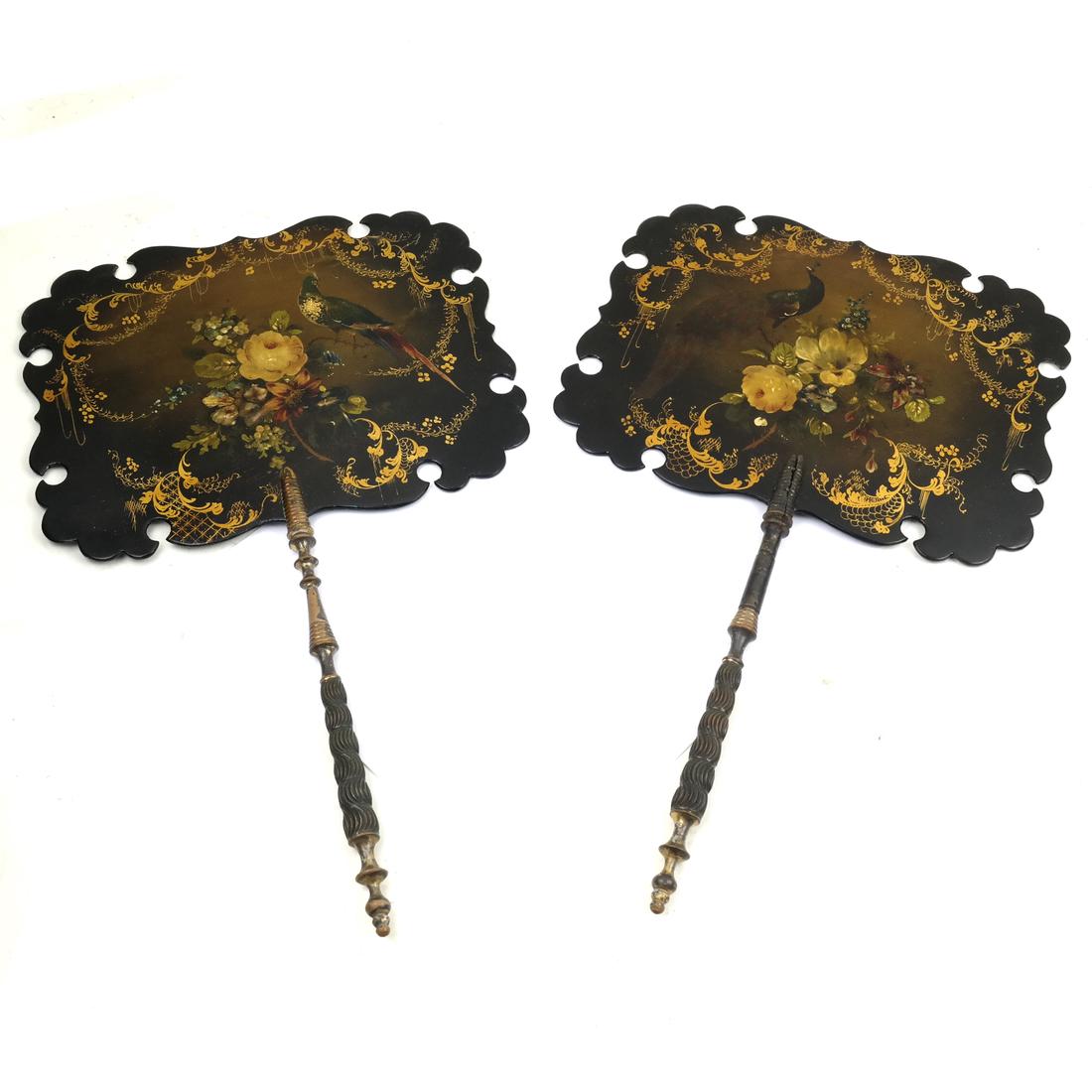 Two 19th Century Lacquered Hand Screens: Two floral decorated hand screens (Paris) each with metal handles. Dimensions: Handle- 8" L - None" H x None" W x None"X; 