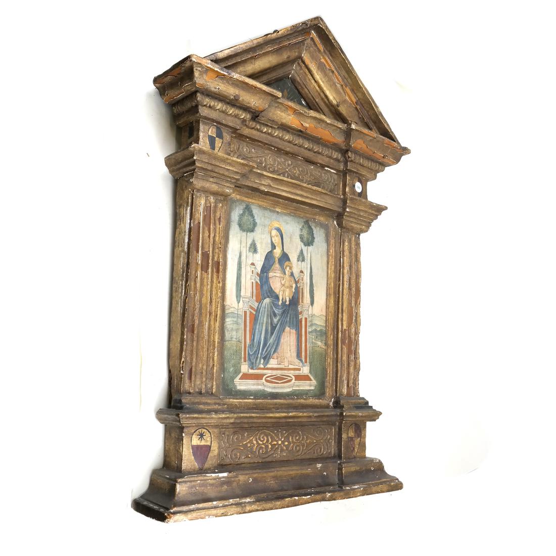 14th/15th Century Italian Ren. Madonna & Child: Oil on board. Depiction of the Madonna seated upon a throne in a landscape. Upon her lap is a young Christ with right hand raised in a Benediction gesture. Contained in an elaborate carved and gilt wo