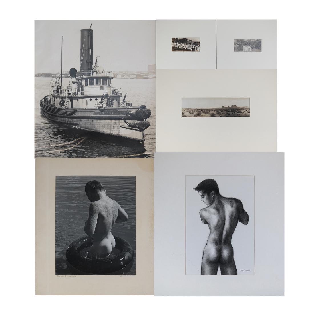 20th Century Photography and Fine Art Group: Comprises photographs 1.) Early 20th century fire boat and crew. Bow bears name" John Dowd / Engine 47." 2.) U.S. sailors in "whites" ascending a landing (possibly in Guam or Philippines. 3.) Four sai