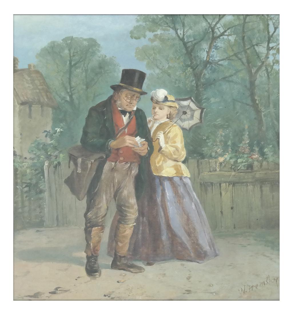 William Hemsley, "The Village Postman" - Oil on Canvas: Signed oil on canvas of two figures in a courtyard. Signed lower right. Dimensions: Art: 12" H x 10" W; Frame: 19" H x 17"&n