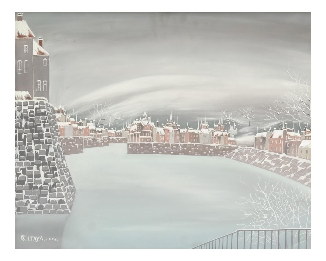 Foussa Itaya, "Parisian Winter" - Oil on Canvas.: Foussa Itaya, "Parisian Winter" oil on canvas. Signed lower left 1954. Dimensions: Art: 19" H x 24" W; Frame: 28" H x 32"&nb