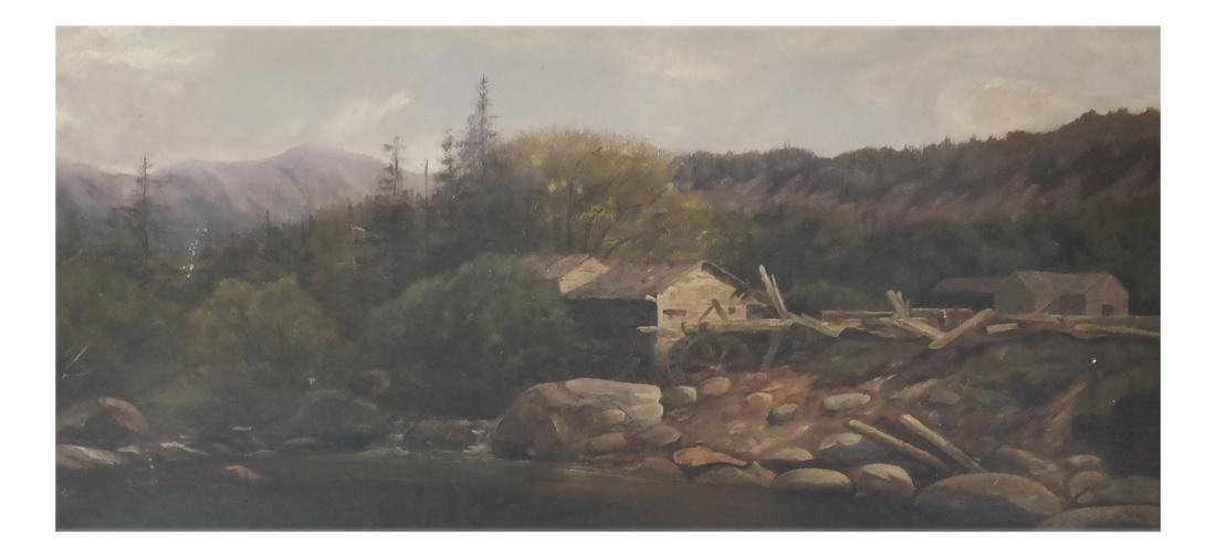 Country Scene with Lumber Mill, Oil on Canvas: Framed oil on canvas of a country scene featuring a lumber mill. Unsigned. Dimensions: Art: 13" H x 22" W; Frame: 19" H x 28"