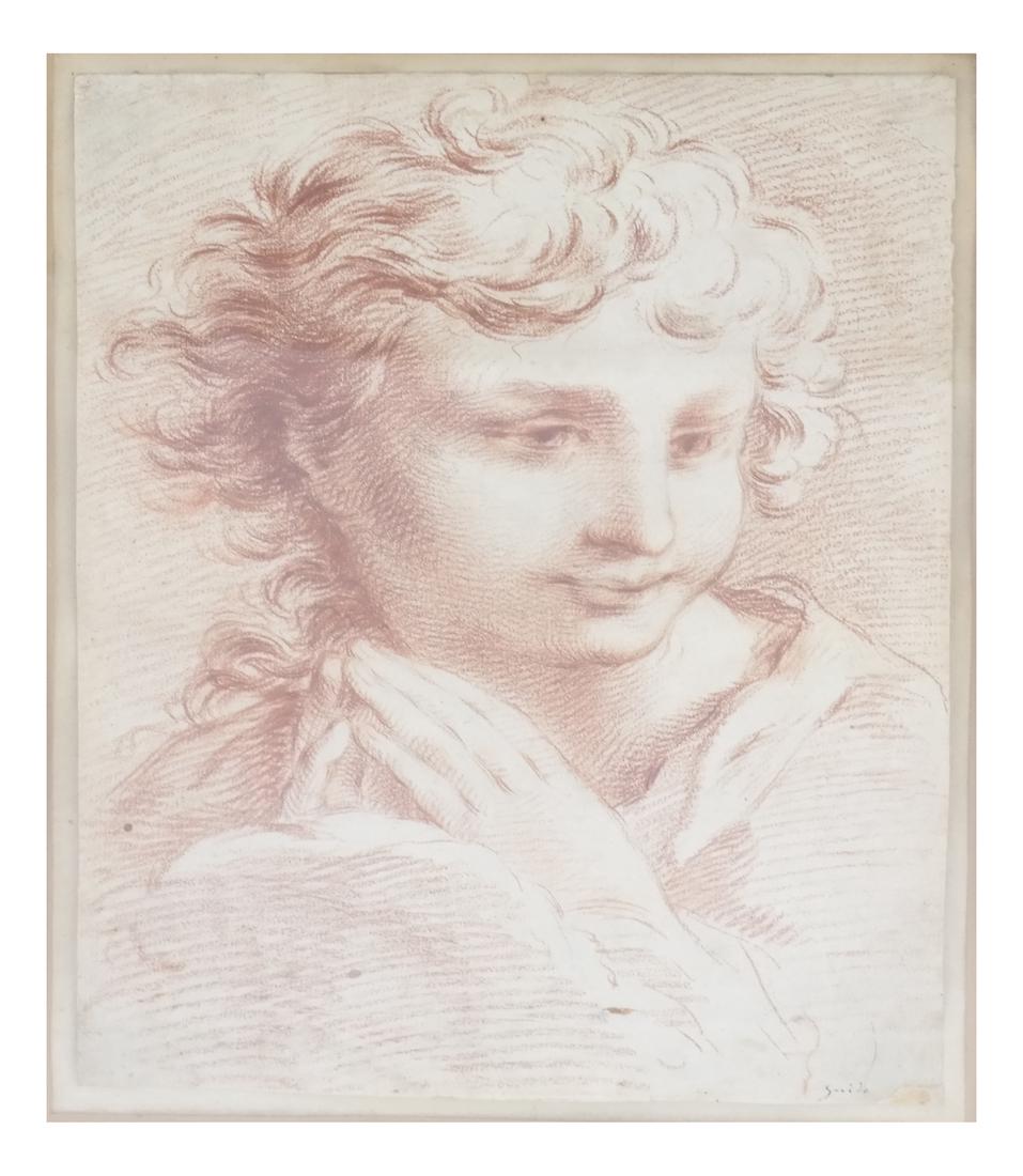 After Guido, Portrait of a Boy: Reni, framed sepia on paper portrait of a boy. Signed lower right. Dimensions: Art: 10.75" H x 8" W; Frame: 20.5" H x 17.5"&