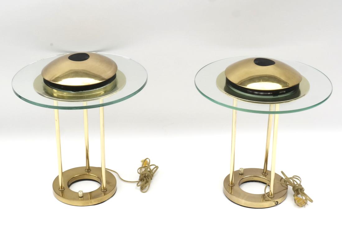 Sonneman for Kovacs, Saturn Desk Lamps: Pair of modern brass and glass lamps.