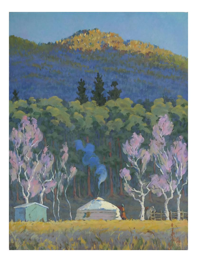 D. Amgalah, Oil on Canvas - Landscape: Depicts a Cambodian landscape with hut. Unframed. Dimensions: 19.5" H x 24" W; 