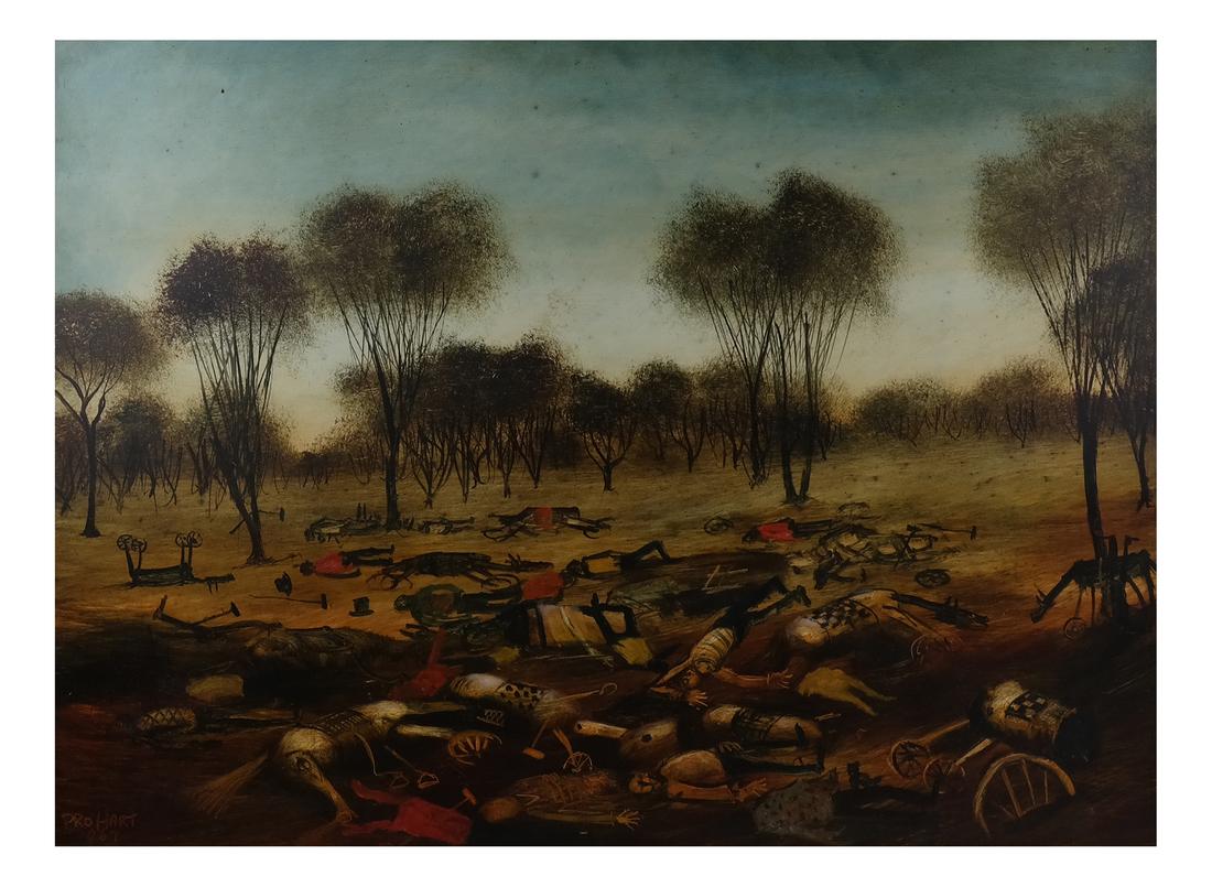 Kevin Charles "Pro" Hart: Kevin Charles "Pro" Hart titled "Death Valley". Oil on board. Signed lower left "Pro Hart". Dimensions: Sight: 16.25" H x 23.25" W; Frame: 19.75"