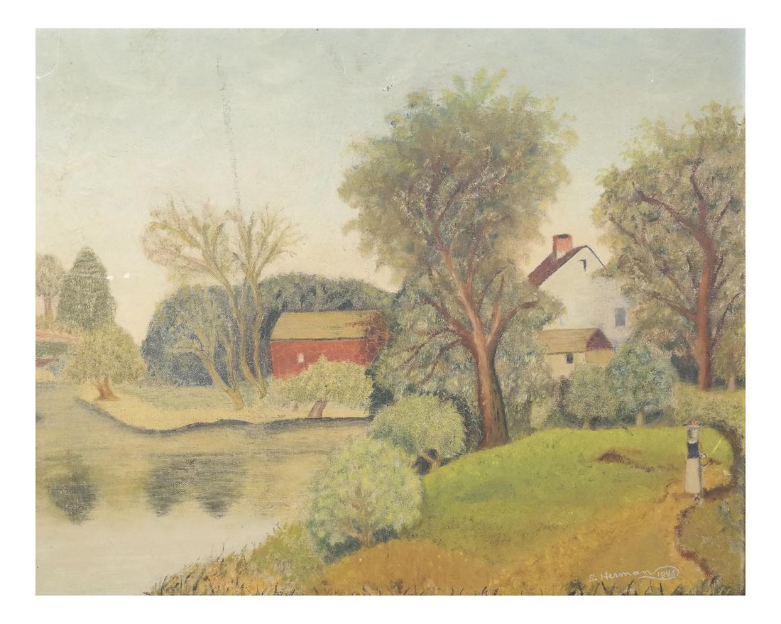 Sali Herman (Australia) Landscape, Oil on Artist Board: Framed work of a figure walking in a country landscape. Signed and dated lower right, S. Herman 1946. Dimensions: Art: 16" H x 20" W; Frame: 20"