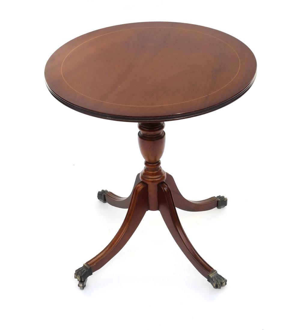 Sheraton-Style Circular Tea Table: Traditional-style tea table. Dimensions: 19" ⌀ x 22.5" H; 