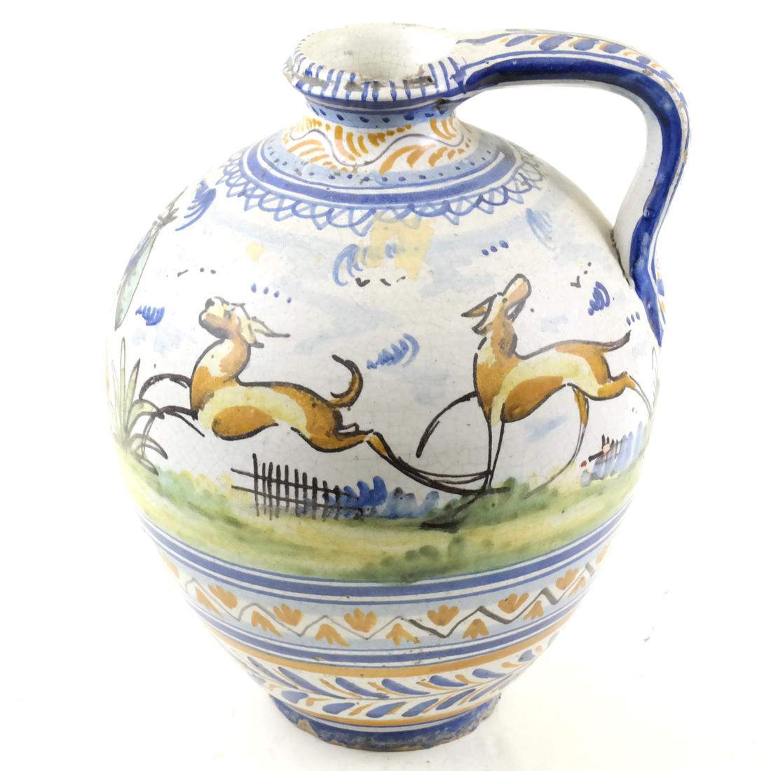 Italian Faience Decorated Vessel: Decorated vessel, having figural and wildlife scenery. Dimensions: 11" H x 8" W; 