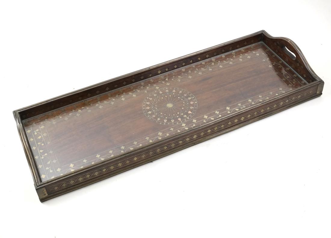 Regency Brass Inlaid Butler's Tray: Regency brass inlaid butler's tray. Dimensions: 22" W x 8" D x 3"H; 