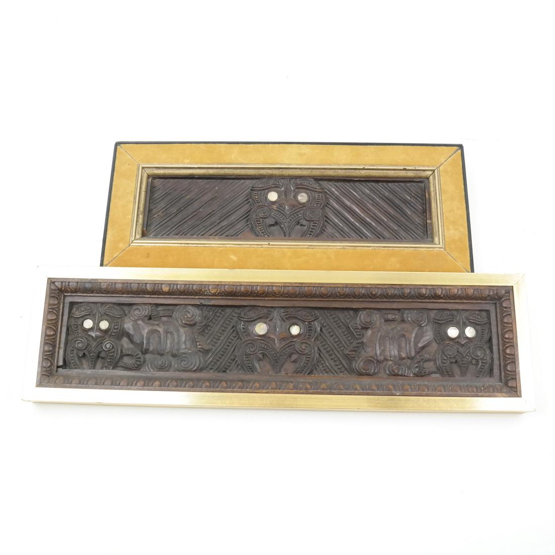 Two Maori Carved Panels: Two Maori carved panels. Dimensions: 12.25" H x 5" W; 15.5" H x 4.25" W; 