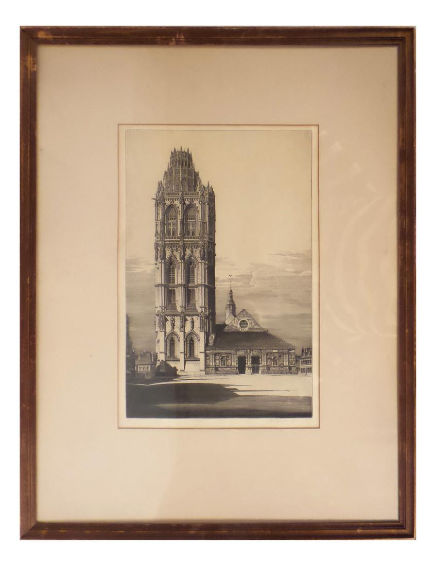 John Taylor Arms, "Aspiration...": John Taylor Arms (1887-1953). Signed and dated "John Taylor Arms, 1939", lower right. Annotated "V", lower left. Marked "Aspiration, La Meadelein". Matted and framed. [Sight: 16 1/2" H x 10 3/4"; Fram