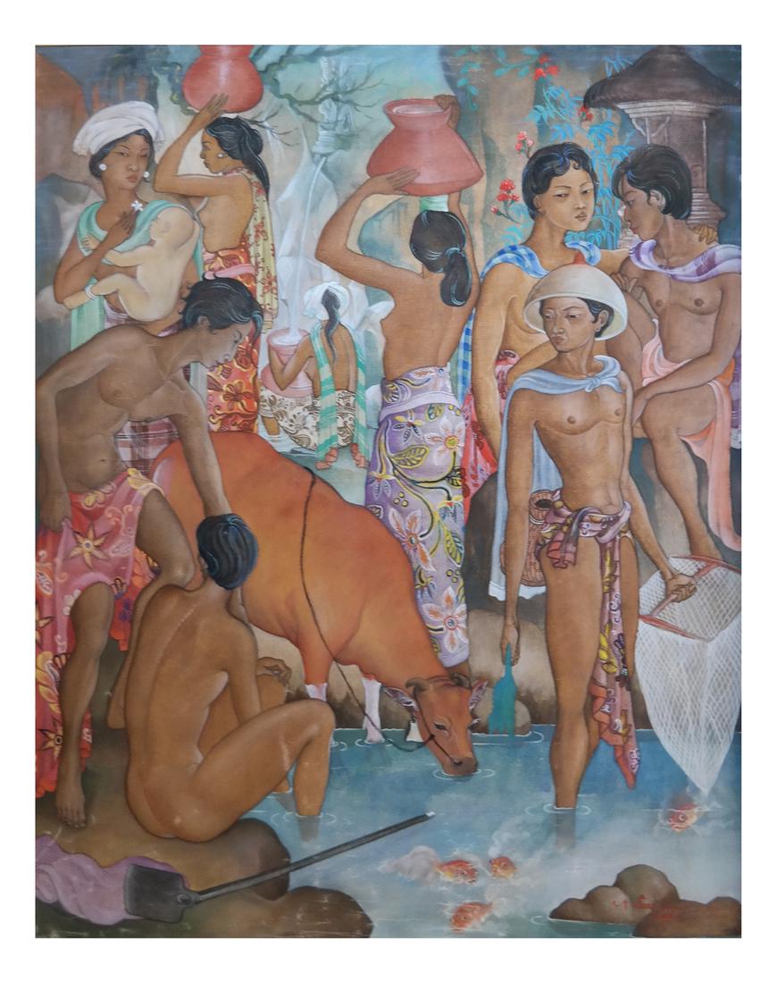 Balinese Painting on Canvas, Signed.: Painting on canvas depicting bathers in a river. Dimensions: Art: 40" H x 32" W; Frame: 44.5" H x 36" W; 