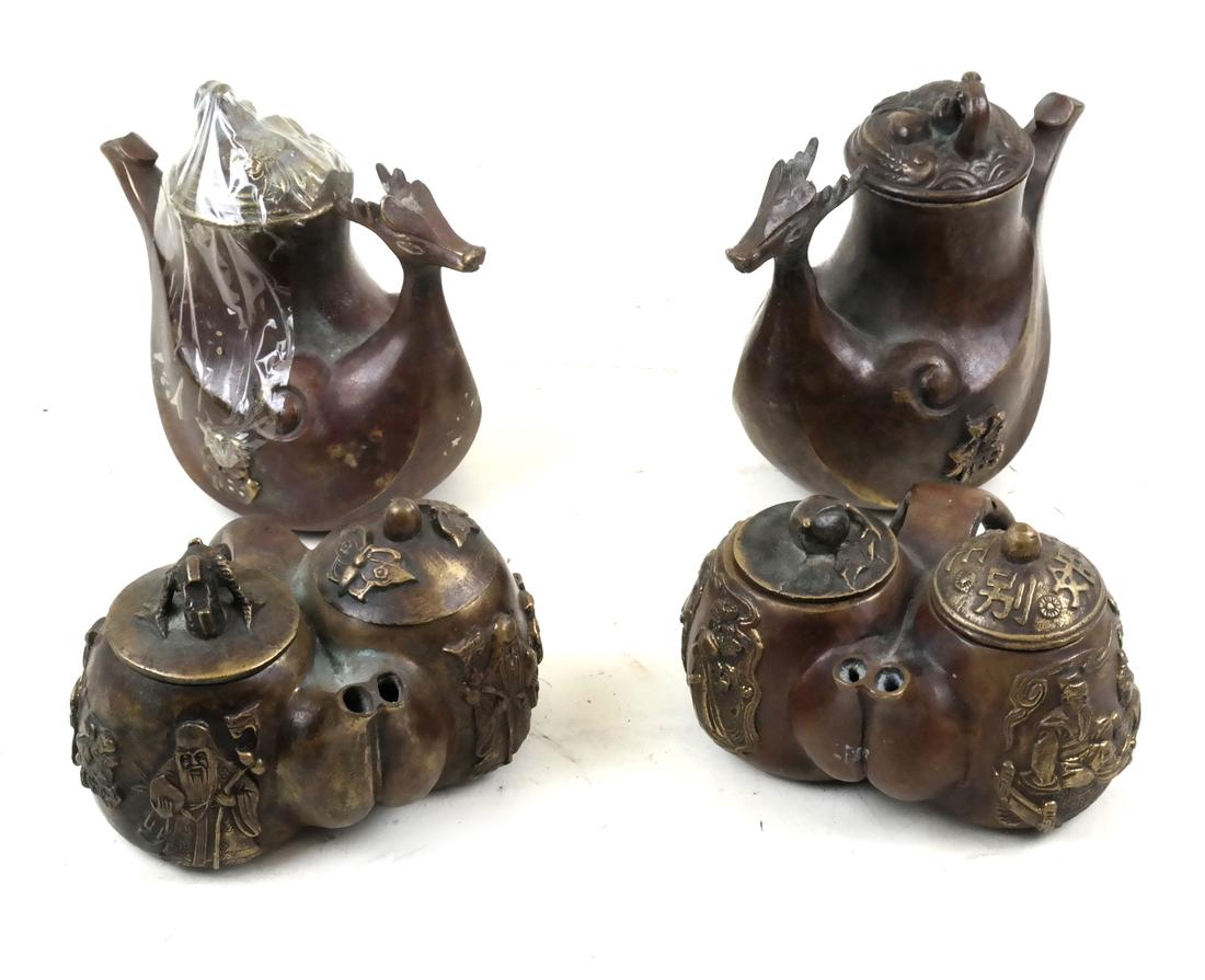 Four Chinese Bronze and Mixed Metal Teapots (1 of 7)