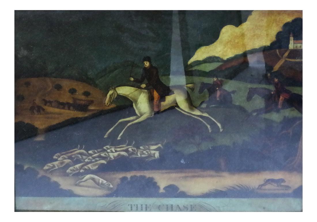 19th Century Reversed Painting on Glass "The Chase": Reverse painting on glass of an equestrian scene. From the Estate of Jose Ferrer. Dimensions: Overall - 17.5" H x 18.25" W; 