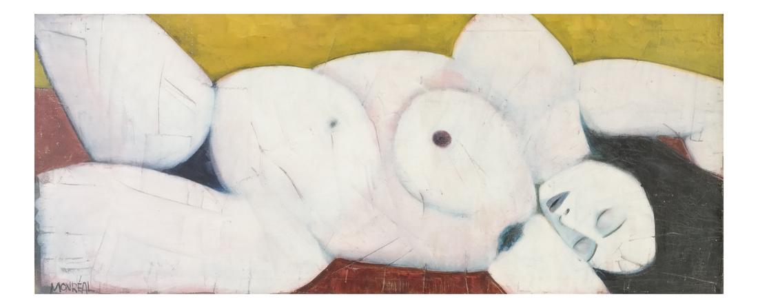 Andres Monreal, Nude Female, Oil on Canvas: Andres Monreal, nude female, oil on canvas. Signed lower left. Inscribed verso "Andres Monreal Desnudo, 1965." From the Estate of Jose Ferrer. Dimensions: Art: 48" H x 2