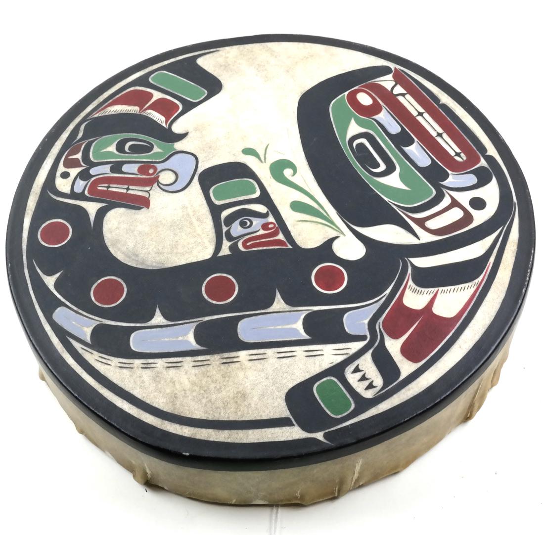 Northwest Coast Indian Drum, George Hunt: Painted whale drum. Signed George Hunt. Dimensions: 15" ⌀ ; 