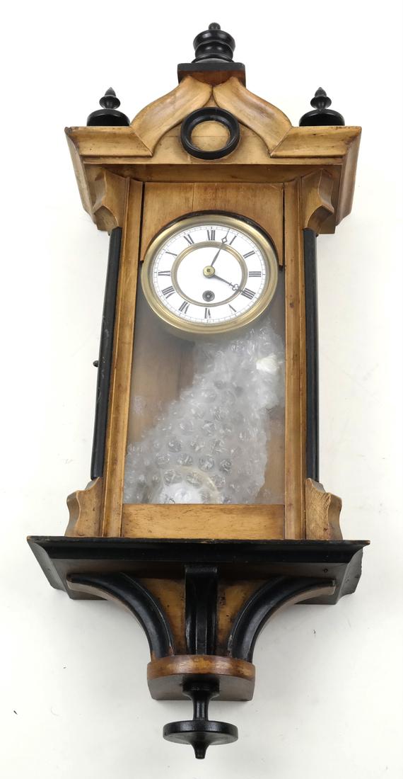 K-A Miniature Vienna Regular Clock: 19th century Victorian miniature wall regulator clock with K-A on the pendulum. Dimensions: 6.5" W x 3.25" D x 17"H; 