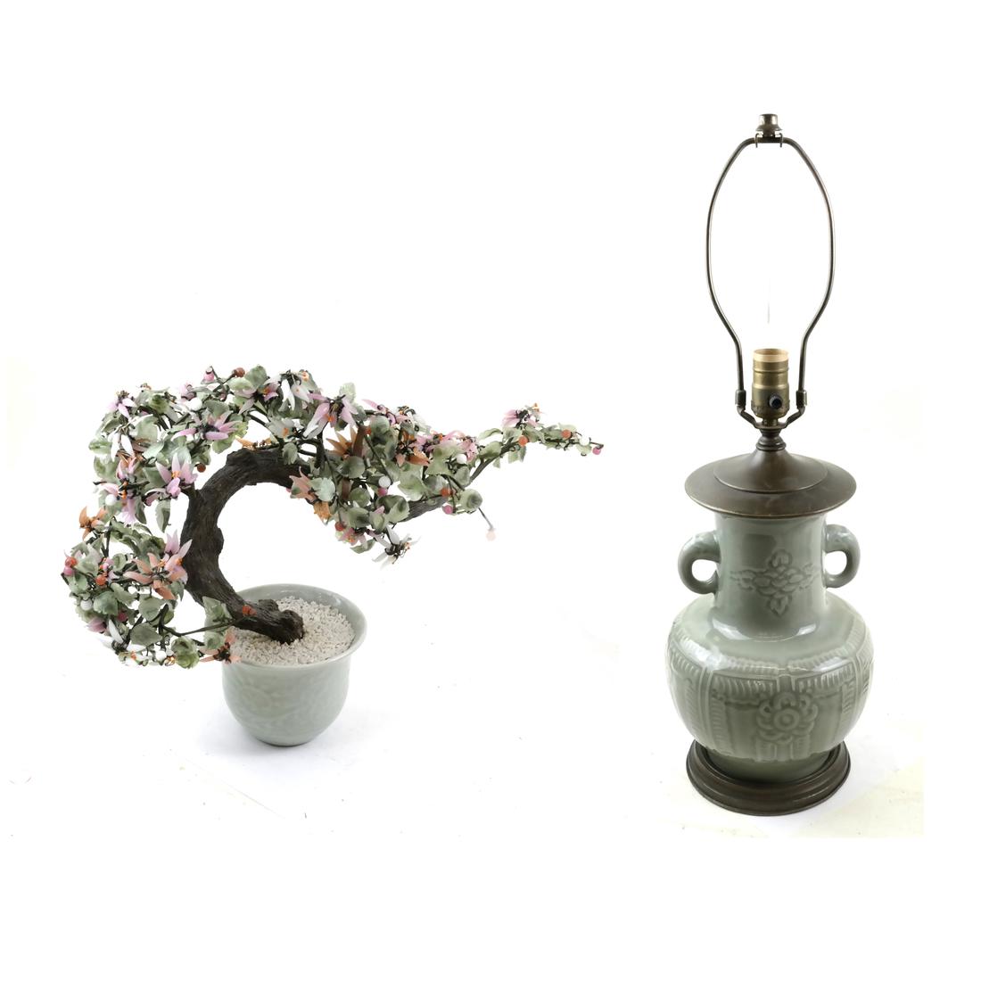 Hardstone Tree; Celadon Lamp with Elephant Handles: Originally a vase, now drilled and mounted as a lamp. Bears lotus and other design, together with a hardstone tree in celadon vase. Dimensions: To Top Of Harp - 25" H ;&